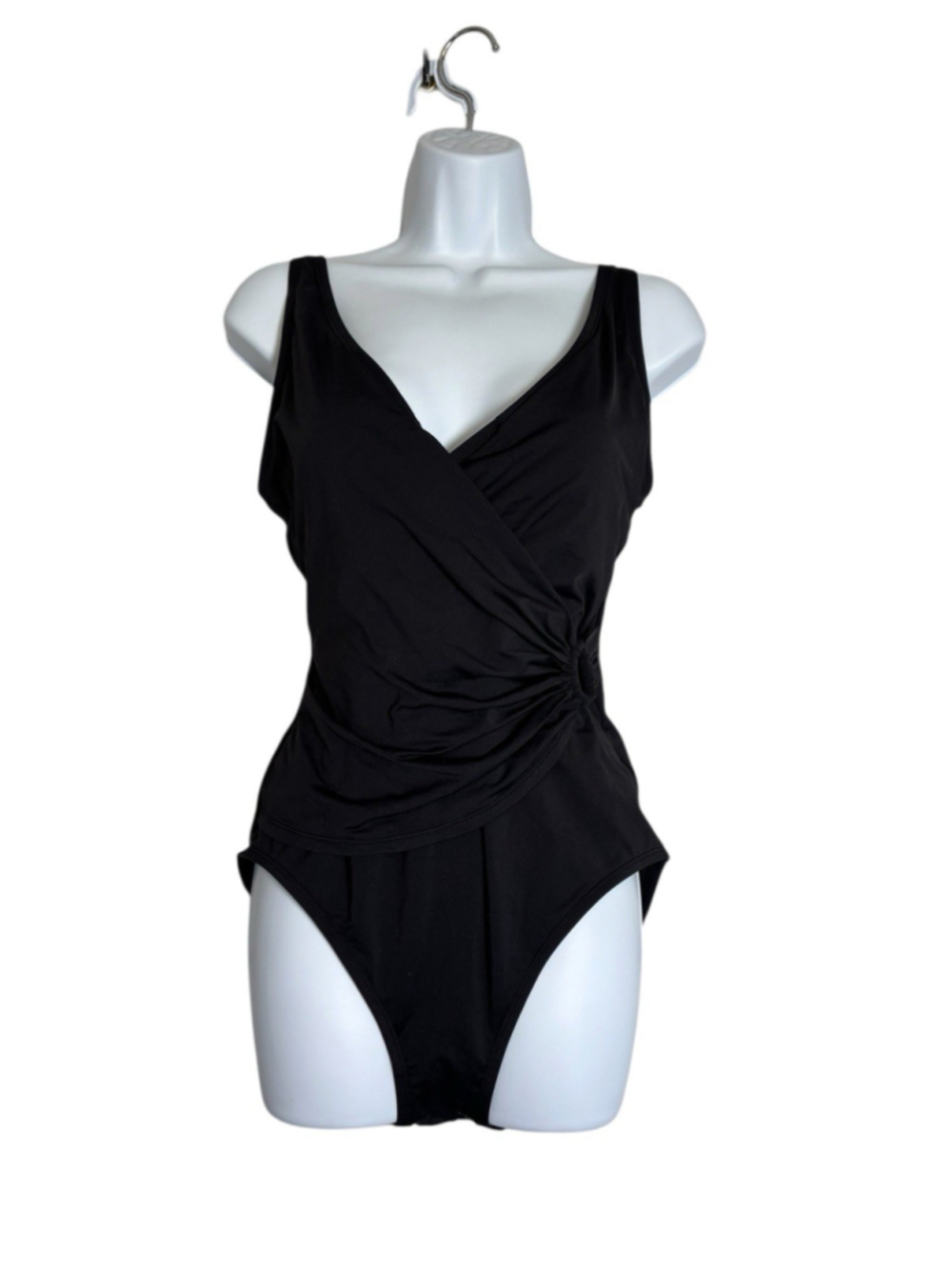 Tommy Bahama Pearl Clara One Piece Swimsuit Black Wrap Tummy Control VNeck SZ 12